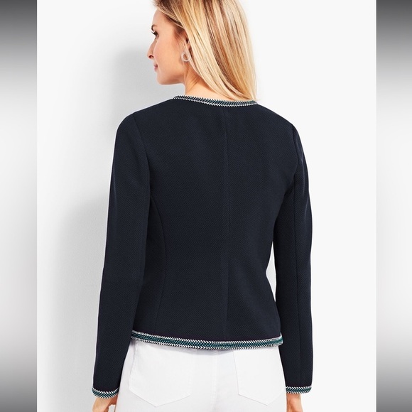 Talbots Navy Blue Zip-Front Braided Trim Tweed Blazer Jacket Women’s Size 6 - Picture 2 of 7